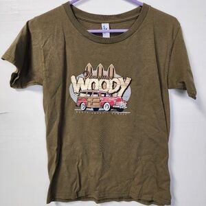 Hawaiian Woody North Shore T Shirt Size Kids Large Suna 100% Cotton Brown Shirt